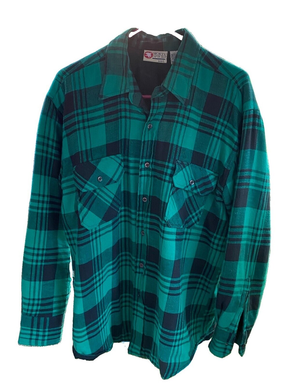 Vintage Sports Afield Flannel Jacket Green Plaid Men's Button-Down Sz L Lined